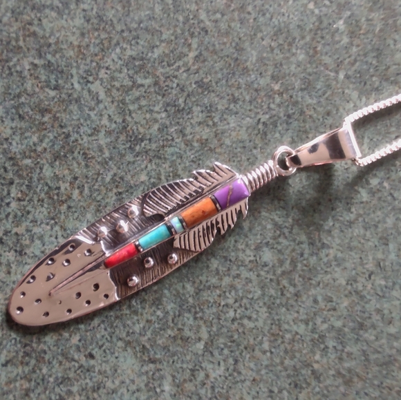 Silver & Turquoise Feather Pendant - Picture 1 of 4
